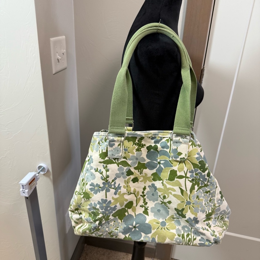 Vintage Eddie Bauer Large‎ Canvas Tote Bag Green Blue Floral Pastel Adjustable - Picture 4 of 8